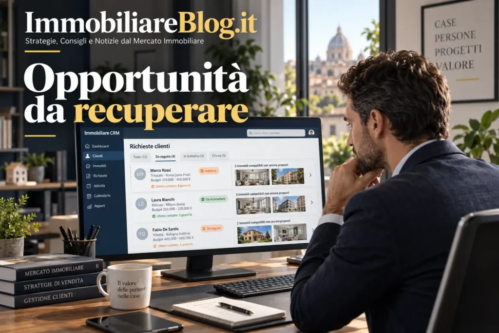 CRM immobiliare con richieste clienti non lavorate e immobili compatibili da verificare